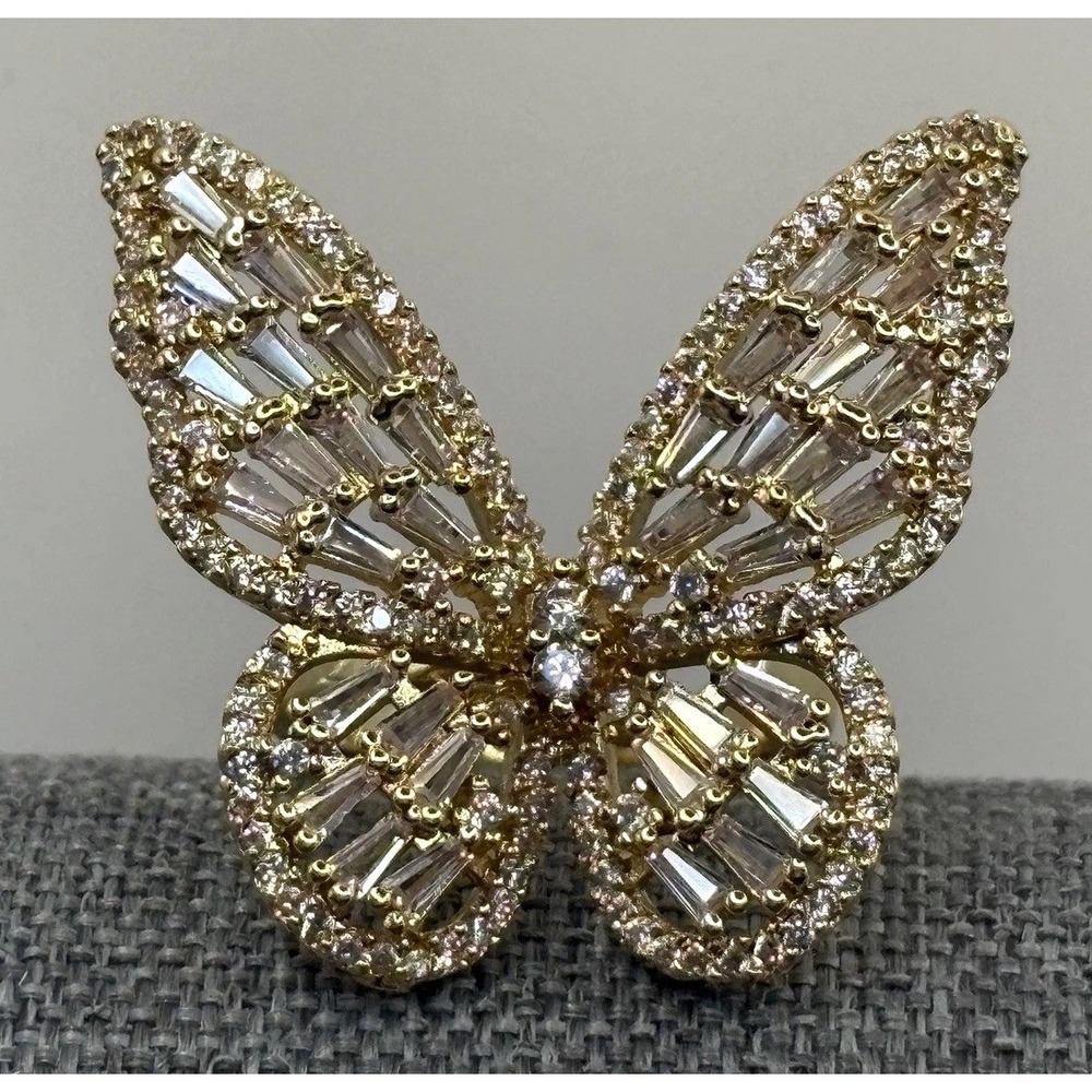 Large Butterfly Ring Baguette CZ Crystal Statement Adjustable Gold Tone Sz 7